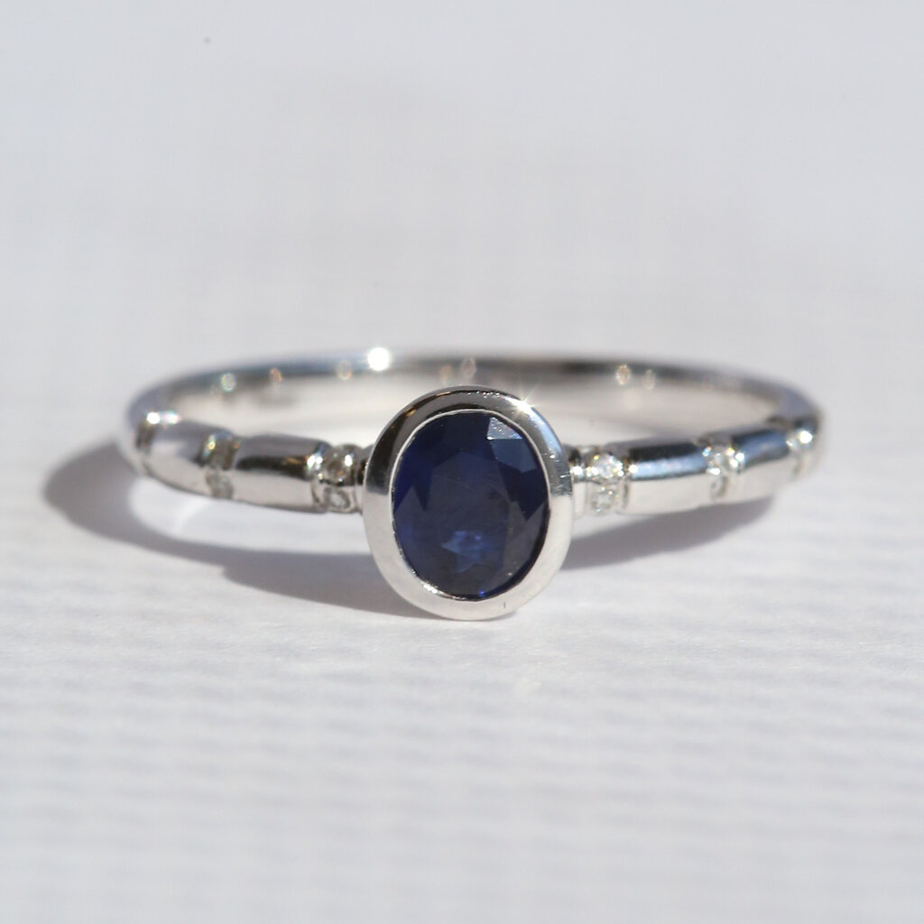 American Jewelry 14k White Gold .50ctw Sapphire .07ctw Diamond Bezel Oval Ring