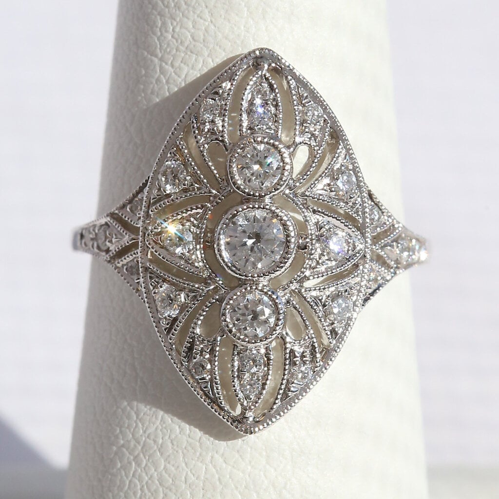 American Jewelry 14k White Gold .52ctw Diamond Vintage Design Bezel Openwork Ring