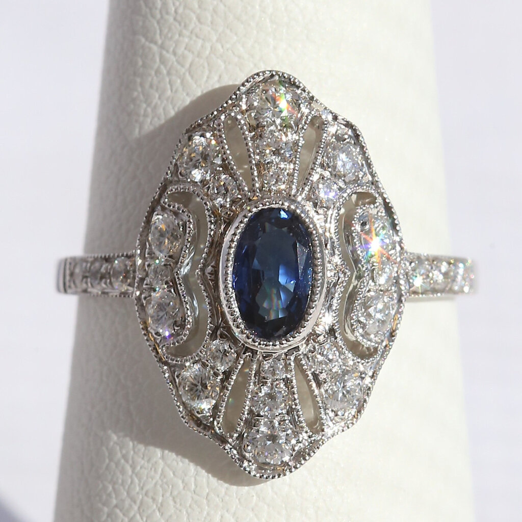 American Jewelry 14k White Gold .51ct Sapphire .52ctw Diamond Vintage Design Openwork Oval Ring