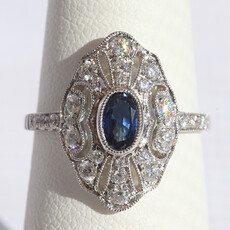 American Jewelry 14k White Gold .51ct Sapphire .52ctw Diamond Vintage Design Openwork Oval Ring