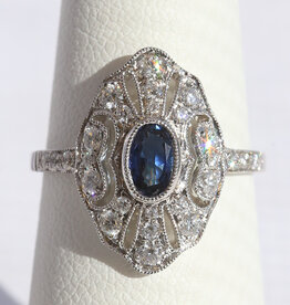 American Jewelry 14k White Gold .51ct Sapphire .52ctw Diamond Vintage Design Openwork Oval Ring