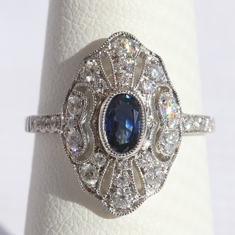 American Jewelry 14k White Gold .51ct Sapphire .52ctw Diamond Vintage Design Openwork Oval Ring