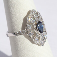 American Jewelry 14k White Gold .51ct Sapphire .52ctw Diamond Vintage Design Openwork Oval Ring