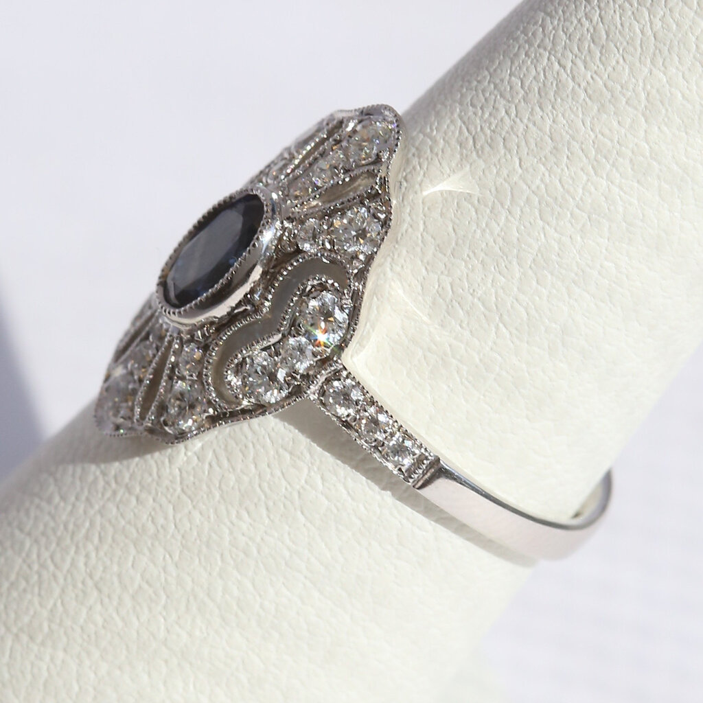 American Jewelry 14k White Gold .51ct Sapphire .52ctw Diamond Vintage Design Openwork Oval Ring