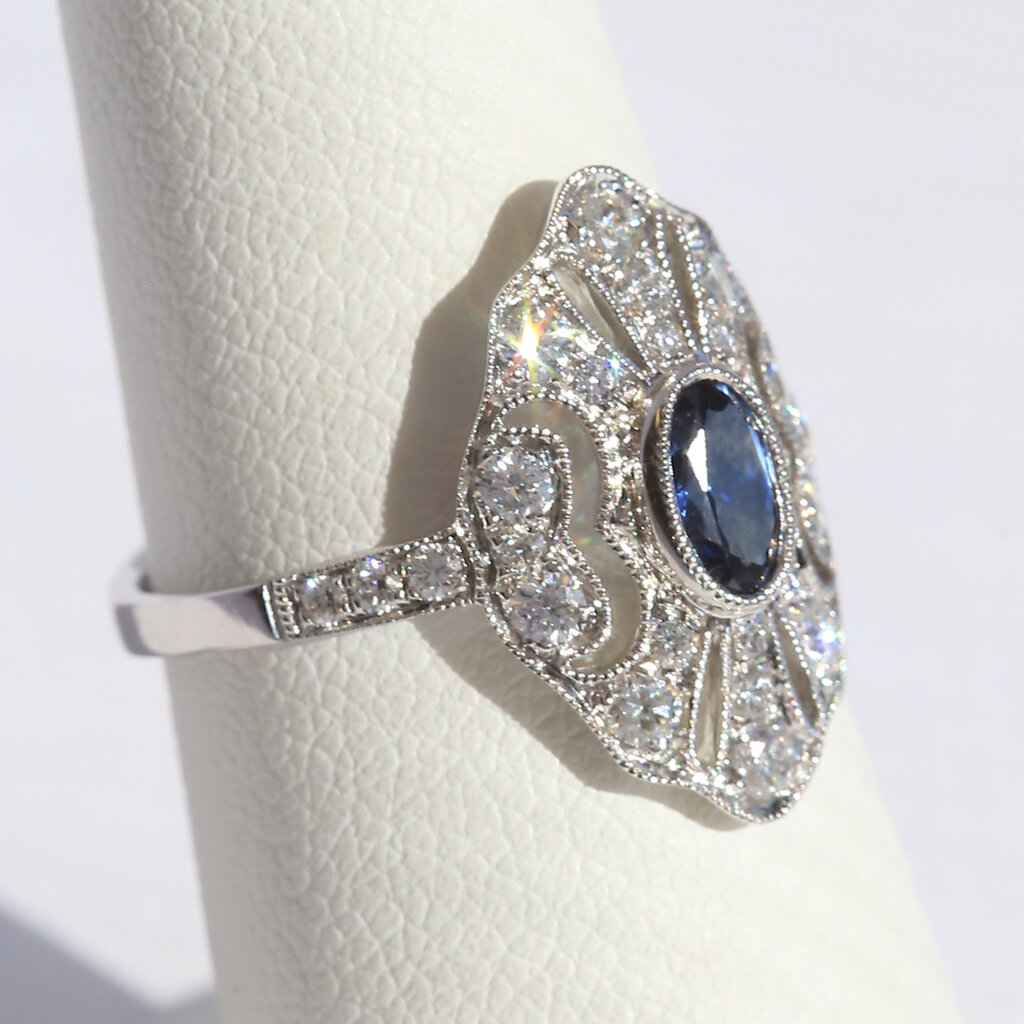 American Jewelry 14k White Gold .51ct Sapphire .52ctw Diamond Vintage Design Openwork Oval Ring