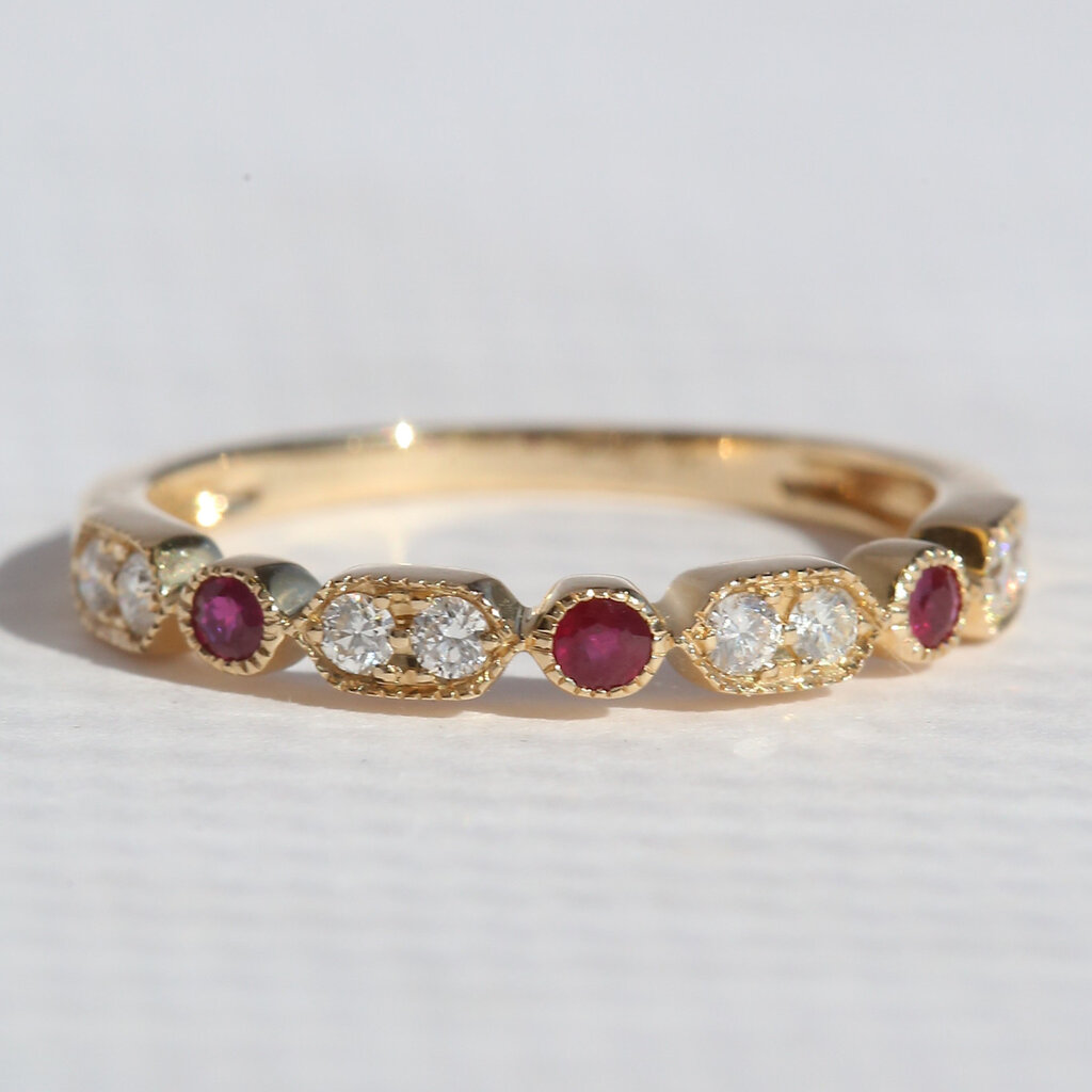 American Jewelry 14k Yellow .18ctw Diamond .13ctw Ruby Milgrain Wedding Band