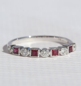 American Jewelry 14k White Gold .16ctw Diamond .32ctw Ruby Milgrain Stackable Band