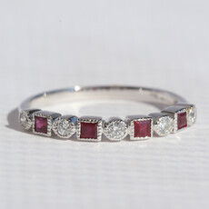 American Jewelry 14k White Gold .16ctw Diamond .32ctw Ruby Milgrain Stackable Band