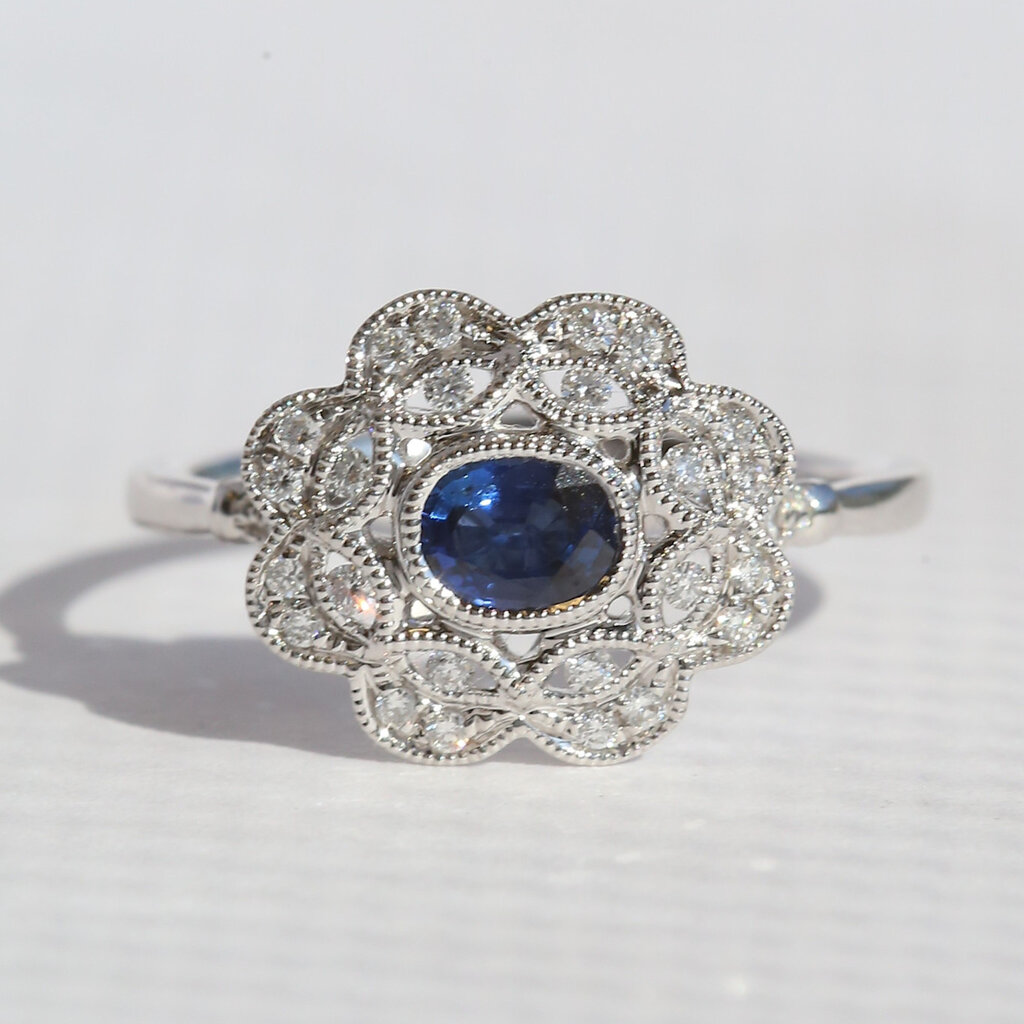 American Jewelry 14k White Gold .46ct Sapphire .18ctw DiamondOval Milgrain Fashion Ring