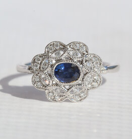 American Jewelry 14k White Gold .46ct Sapphire .18ctw DiamondOval Milgrain Fashion Ring