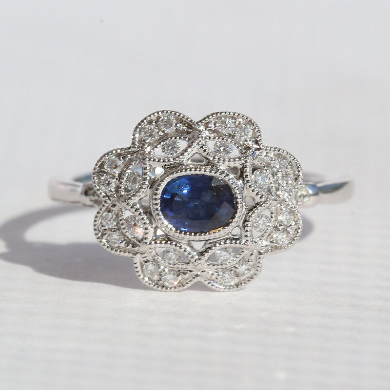 American Jewelry 14k White Gold .46ct Sapphire .18ctw DiamondOval Milgrain Fashion Ring
