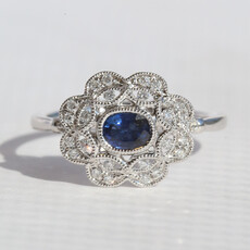 American Jewelry 14k White Gold .46ct Sapphire .18ctw DiamondOval Milgrain Fashion Ring