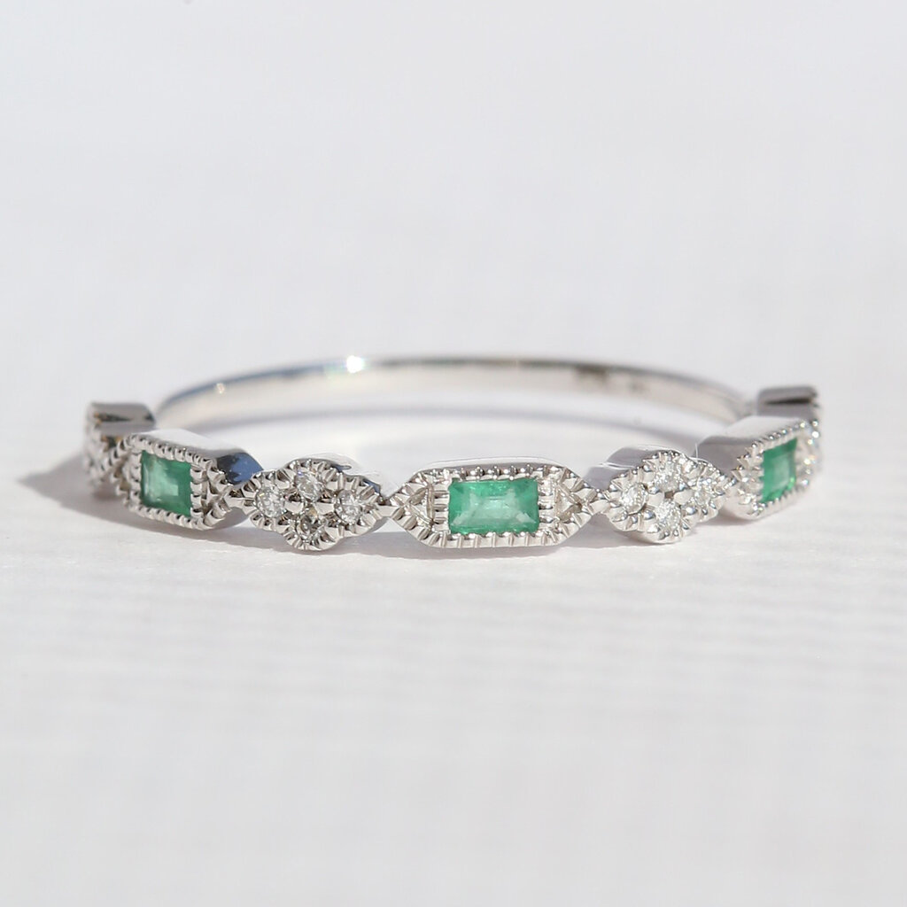 American Jewelry 14k White Gold .14ctw Emerald .06ctw Diamond Baguette & Round Milgrain Stackable Band