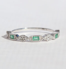 American Jewelry 14k White Gold .14ctw Emerald .06ctw Diamond Baguette & Round Milgrain Stackable Band