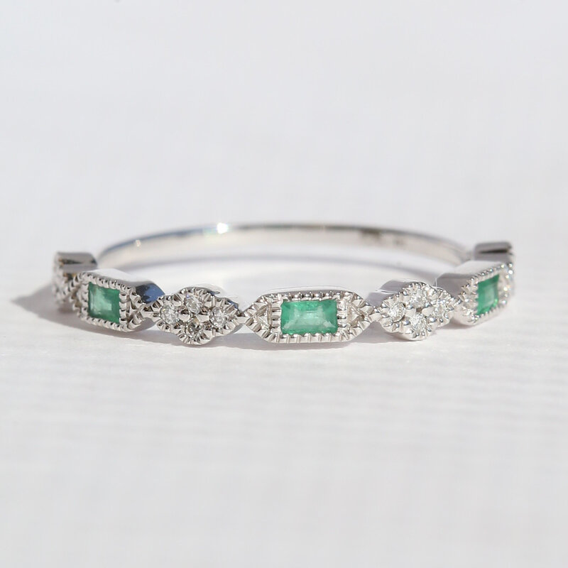 American Jewelry 14k White Gold .14ctw Emerald .06ctw Diamond Baguette & Round Milgrain Stackable Band