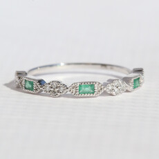 American Jewelry 14k White Gold .14ctw Emerald .06ctw Diamond Baguette & Round Milgrain Stackable Band