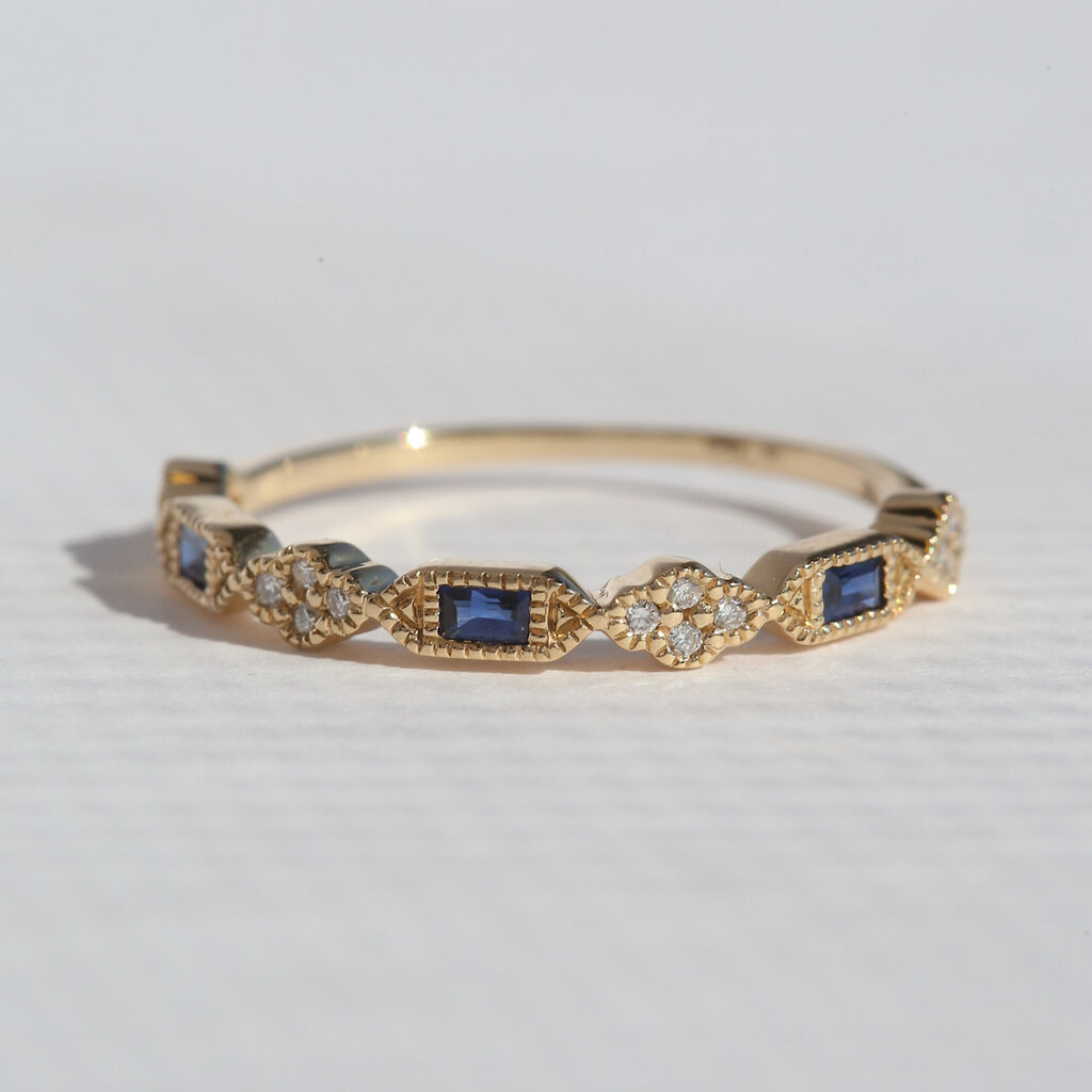 American Jewelry 14k Yellow Gold .15ctw Sapphire .06ctw Diamond Baguette & Round Milgrain Stackable Band