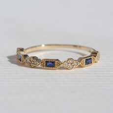 American Jewelry 14k Yellow Gold .15ctw Sapphire .06ctw Diamond Baguette & Round Milgrain Stackable Band
