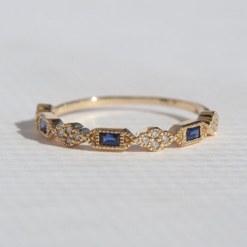 American Jewelry 14k Yellow Gold .15ctw Sapphire .06ctw Diamond Baguette & Round Milgrain Stackable Band