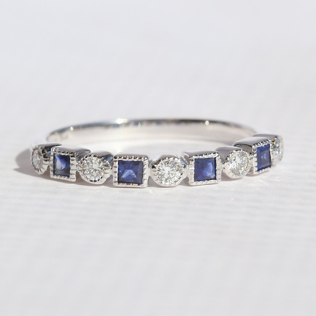 American Jewelry 14k White Gold .32ctw Sapphire .16ctw Diamond Milgrain Stackable Band