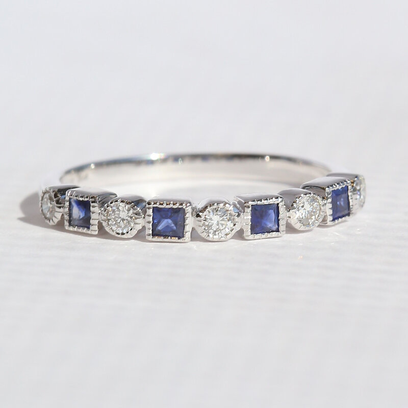 American Jewelry 14k White Gold .32ctw Sapphire .16ctw Diamond Milgrain Stackable Band