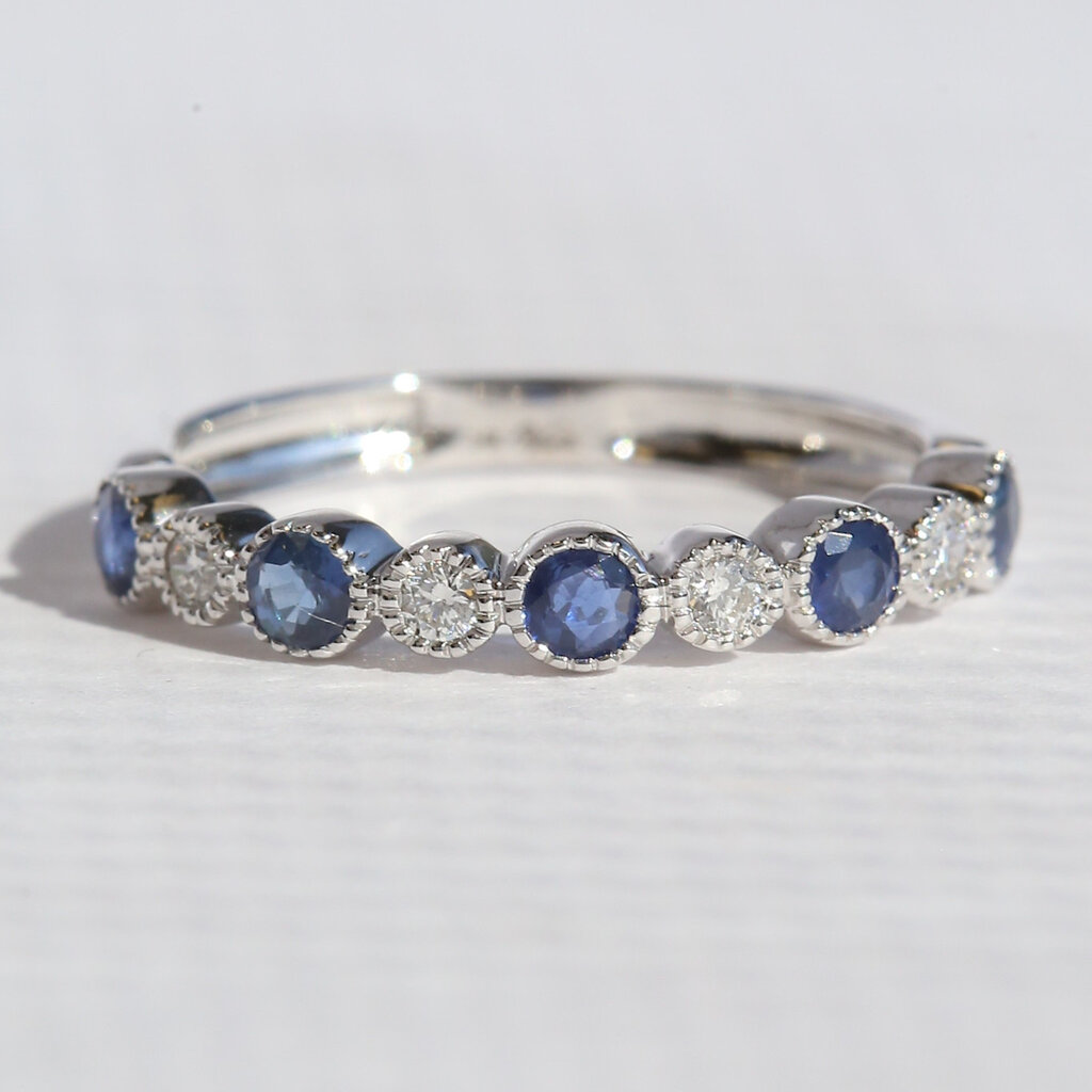 American Jewelry 14k White Gold .45ctw Sapphire .11ctw Diamond Round Milgrain Stackable Band