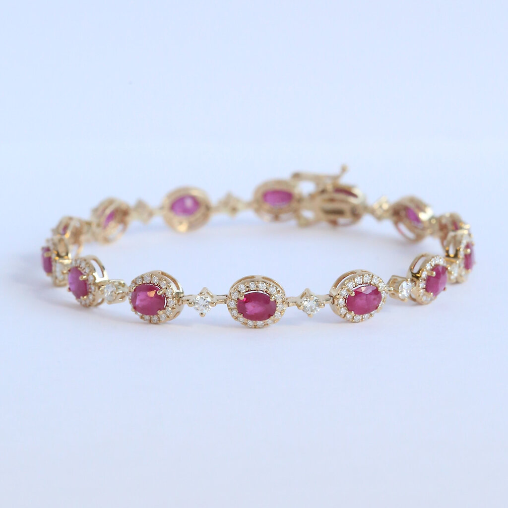 American Jewelry 14k Yellow Gold 1.99ctw Diamond 7ctw Ruby Oval Halos Bracelet