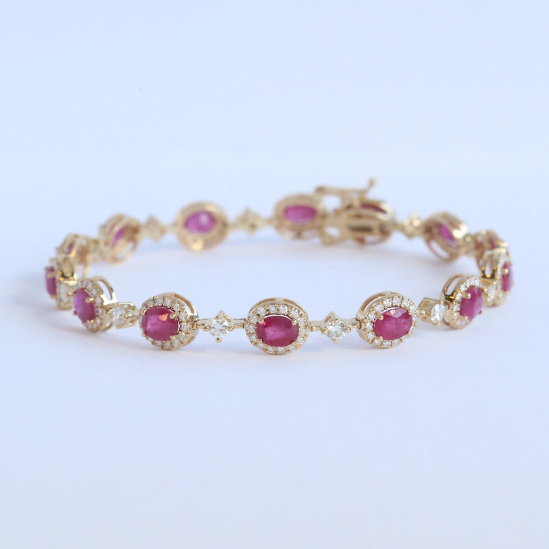 American Jewelry 14k Yellow Gold 1.99ctw Diamond 7ctw Ruby Oval Halos Bracelet