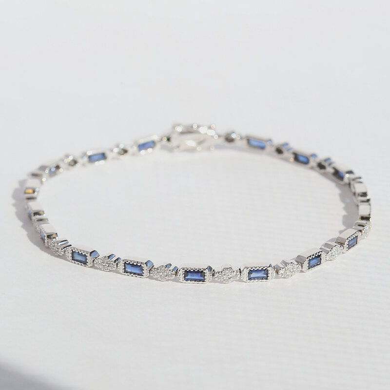 American Jewelry 14k White Gold 2.61ctw Sapphire .42ctw Diamond Baguette & Round Cut Milgrain Bracelet
