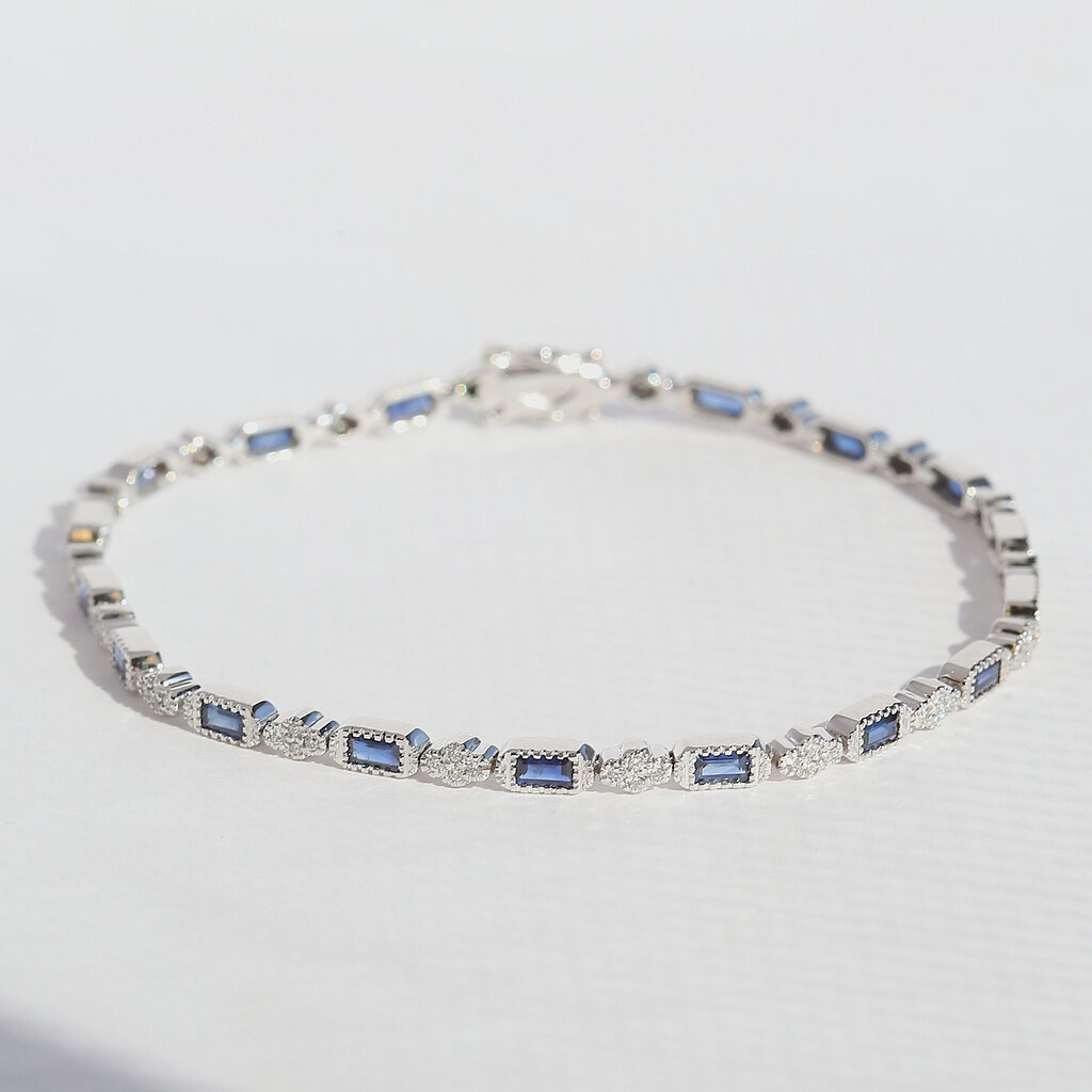 American Jewelry 14k White Gold 2.61ctw Sapphire .42ctw Diamond Baguette & Round Cut Milgrain Bracelet