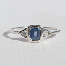 American Jewelry 14k White Gold .65ct Sapphire .10ctw Diamond Emerald Cut 3 Stone Ring