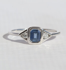 American Jewelry 14k White Gold .65ct Sapphire .10ctw Diamond Emerald Cut 3 Stone Ring