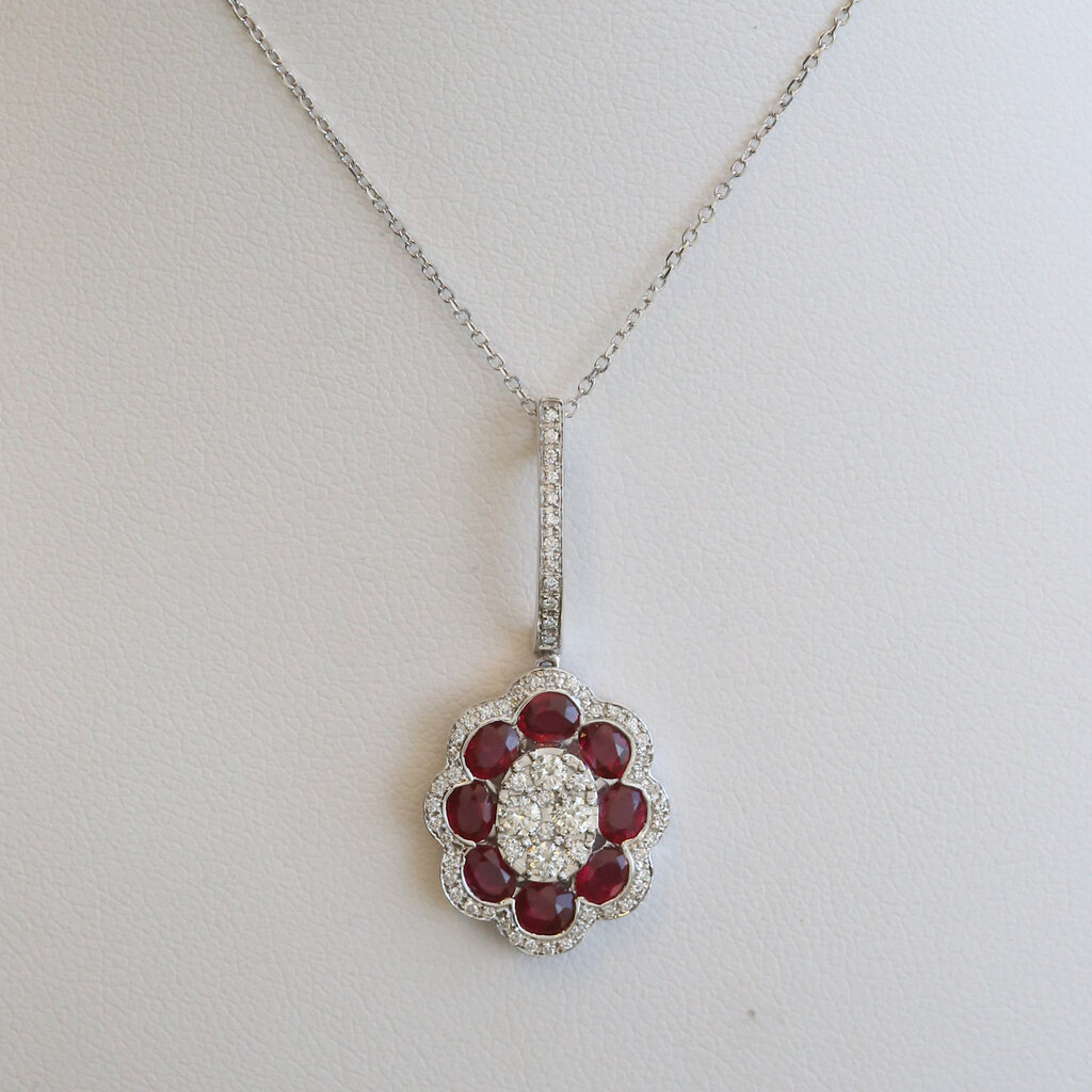 American Jewelry 14k White Gold 2.10ctw Ruby .45ctw Diamond Oval Halo Pave Necklace