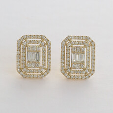 American Jewelry 14k Yellow Gold .94ctw Diamond Baguette, Princess, & Round Double Halo Stud Earrings