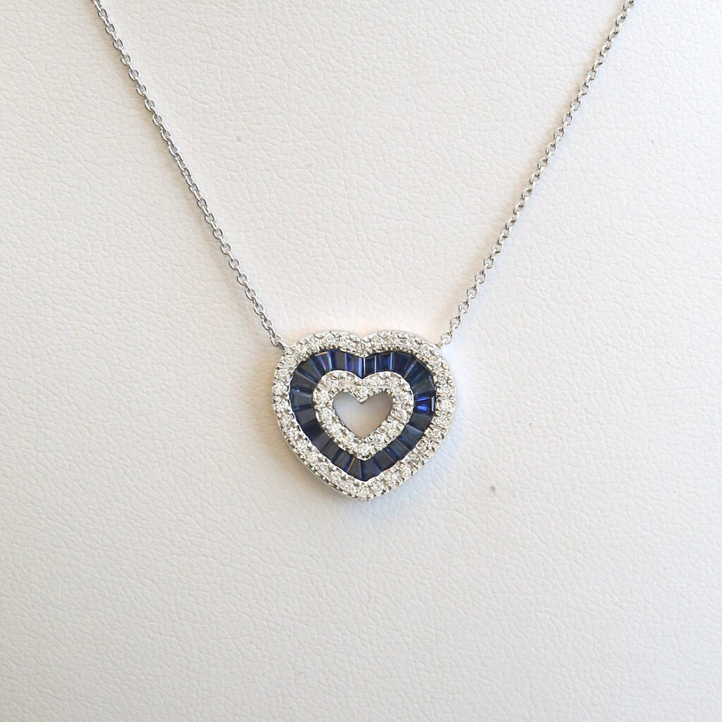 American Jewelry 14k White Gold .87ctw Sapphire .30ctw Diamond Baguette & Round Heart Necklace