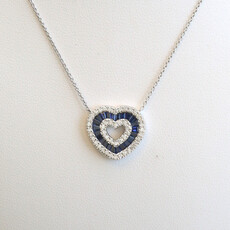 American Jewelry 14k White Gold .87ctw Sapphire .30ctw Diamond Baguette & Round Heart Necklace