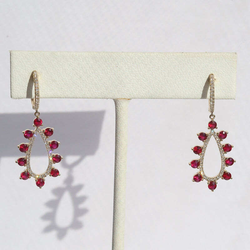 American Jewelry 14k Yellow Gold 1.55ctw Ruby .27ctw Diamond Open Pear Dangle Earrings