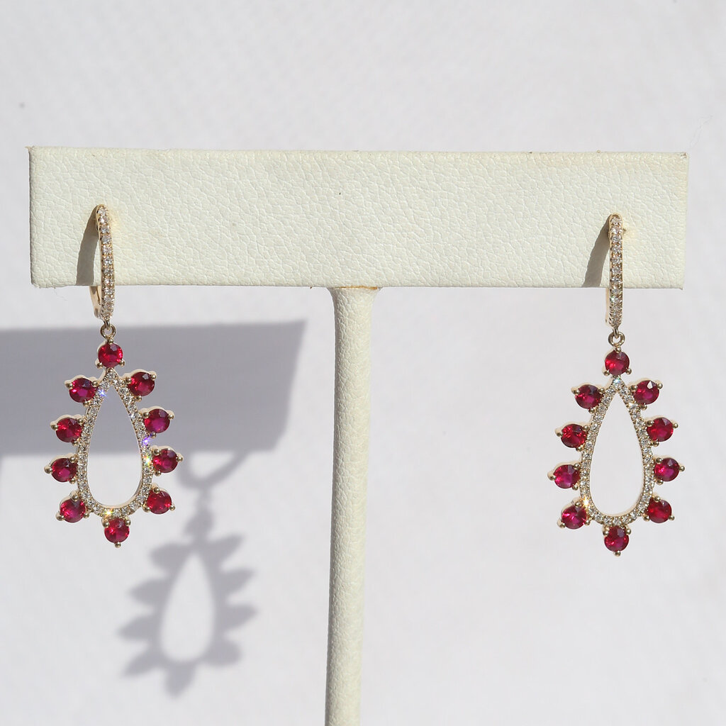 American Jewelry 14k Yellow Gold 1.55ctw Ruby .27ctw Diamond Open Pear Dangle Earrings