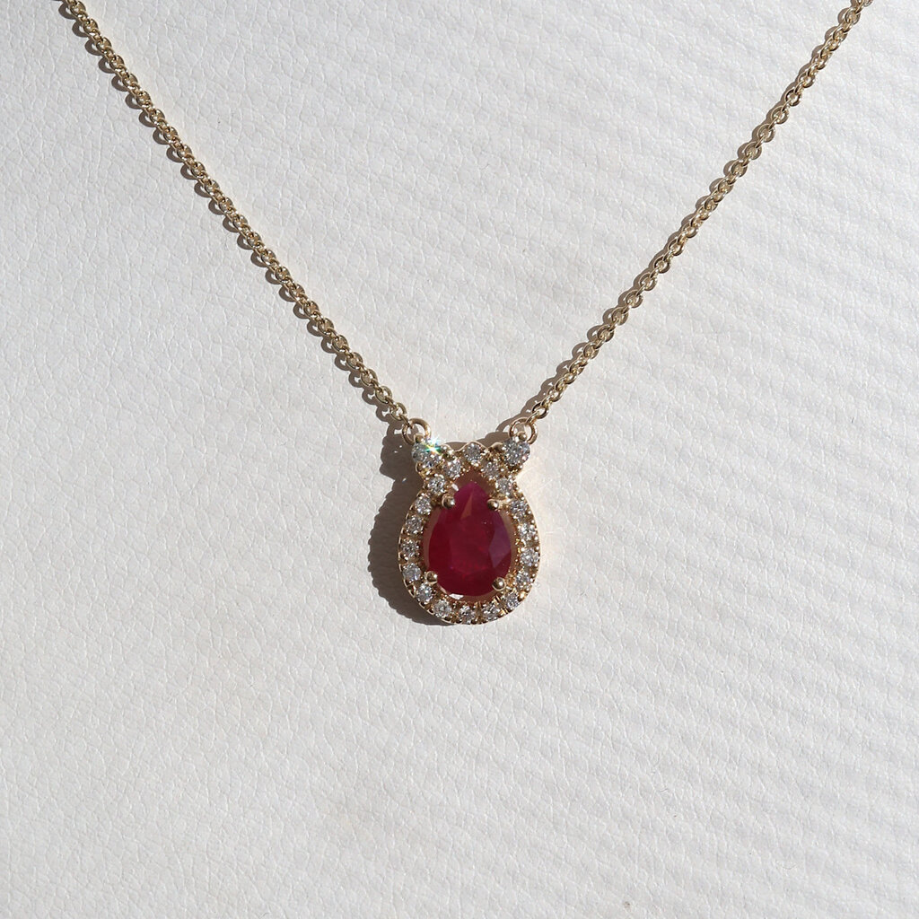 American Jewelry 14k Yellow Gold .90ct Ruby .16ctw Diamond Pear Halo Necklace
