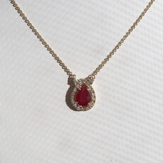 American Jewelry 14k Yellow Gold .90ct Ruby .16ctw Diamond Pear Halo Necklace
