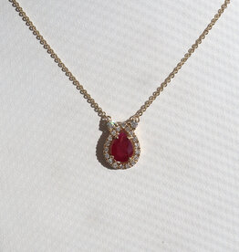 American Jewelry 14k Yellow Gold .90ct Ruby .16ctw Diamond Pear Halo Necklace