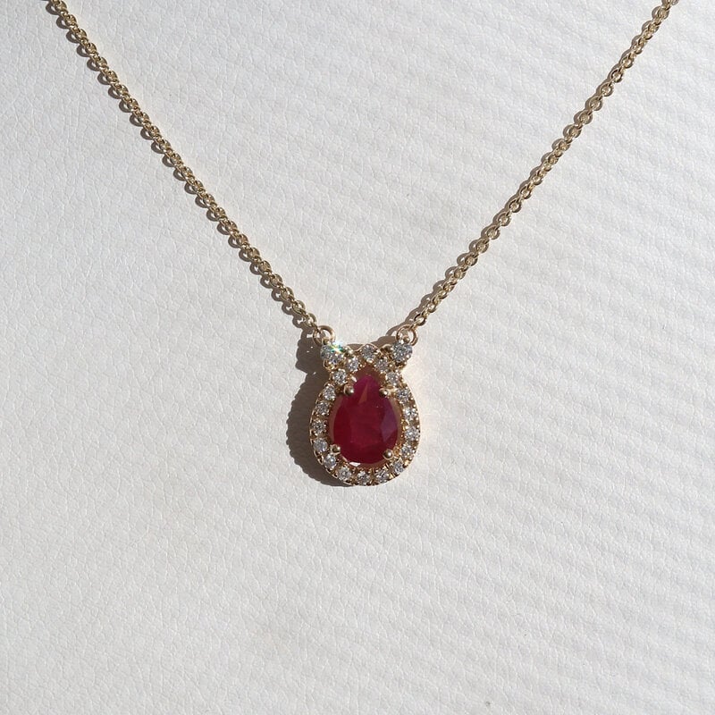 American Jewelry 14k Yellow Gold .90ct Ruby .16ctw Diamond Pear Halo Necklace