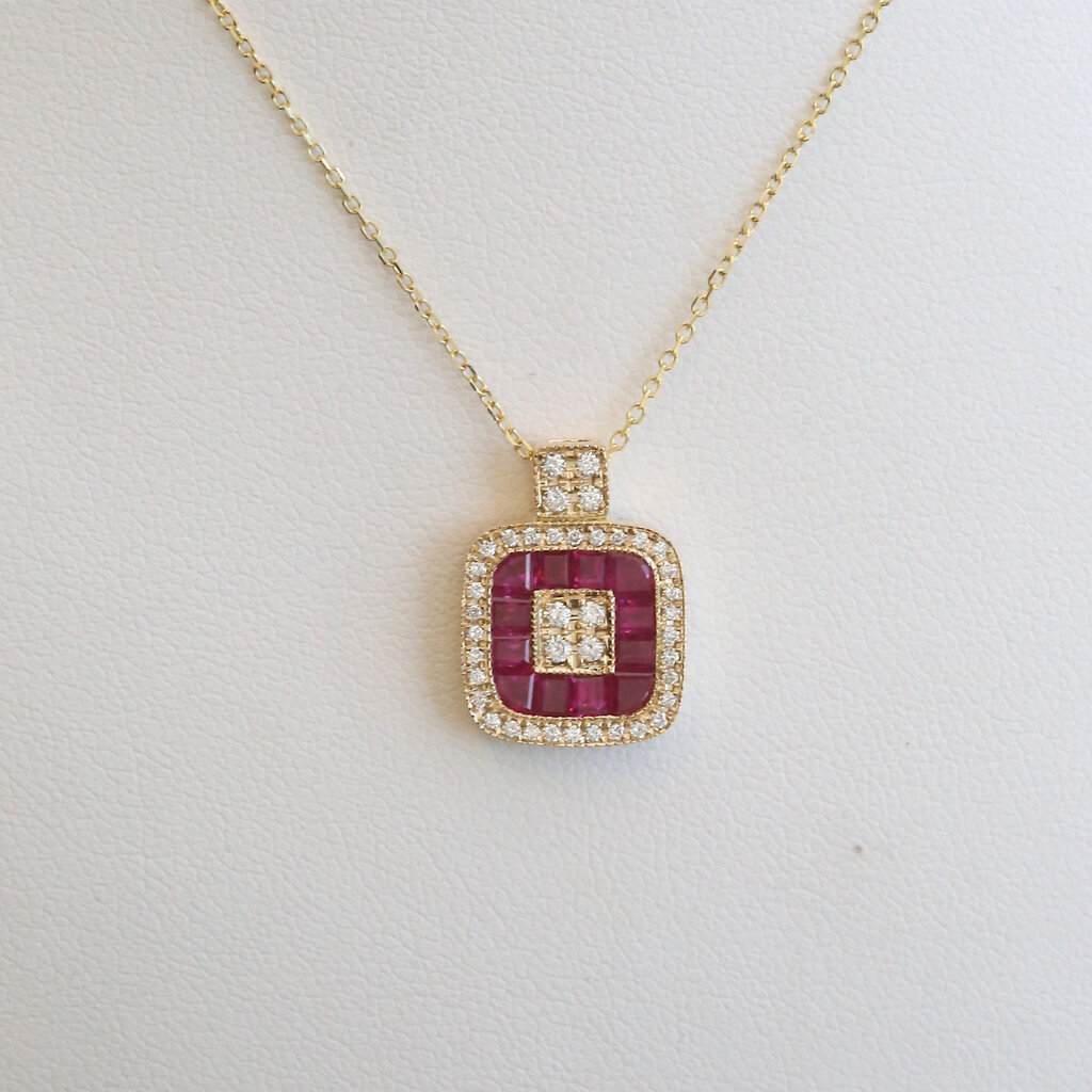 American Jewelry 14k Yellow Gold 1.37ctw Ruby .22ctw Diamond Princess & Round Necklace
