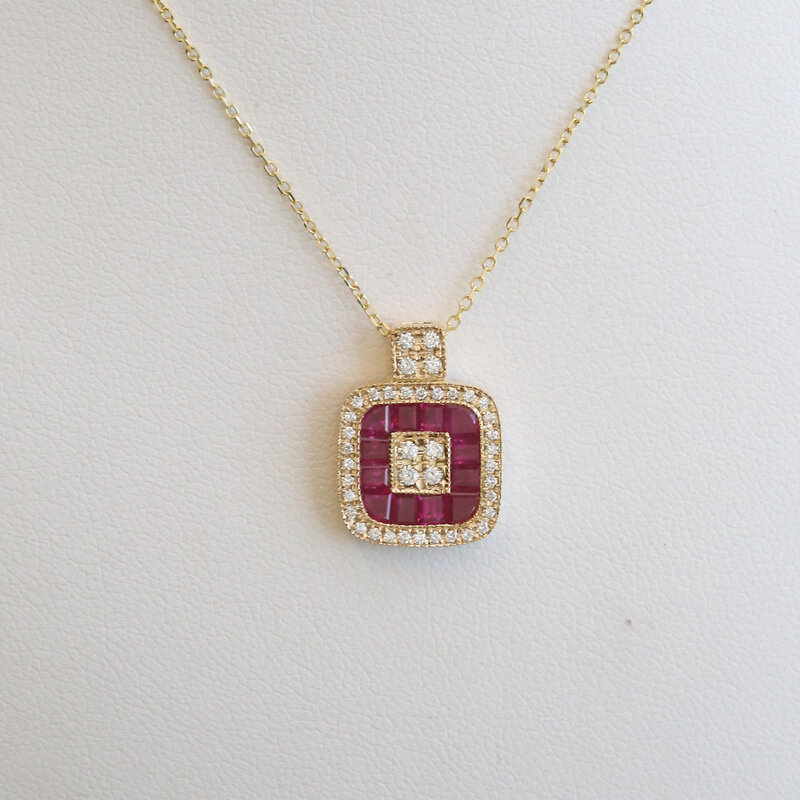American Jewelry 14k Yellow Gold 1.37ctw Ruby .22ctw Diamond Princess & Round Necklace