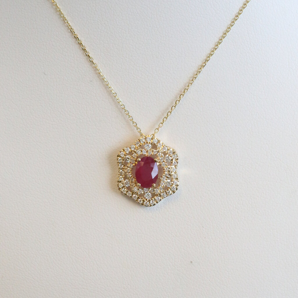 American Jewelry 14k Yellow Gold 1.10ctw Ruby .36ctw Diamond Oval Fashion Necklace