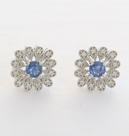 American Jewelry 14k White Gold .70ctw Sapphire .13ctw Diamond Milgrain Flower Stud Earrings