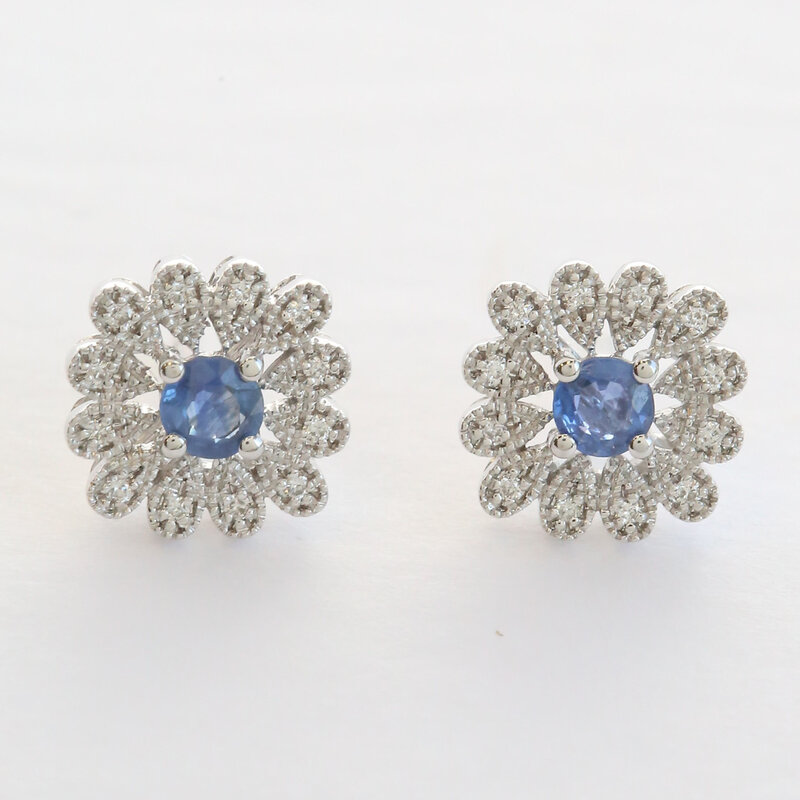 American Jewelry 14k White Gold .70ctw Sapphire .13ctw Diamond Milgrain Flower Stud Earrings