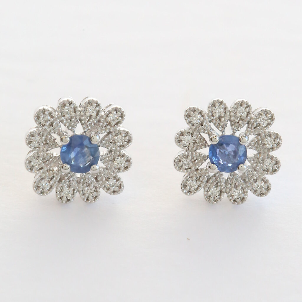 American Jewelry 14k White Gold .70ctw Sapphire .13ctw Diamond Milgrain Flower Stud Earrings