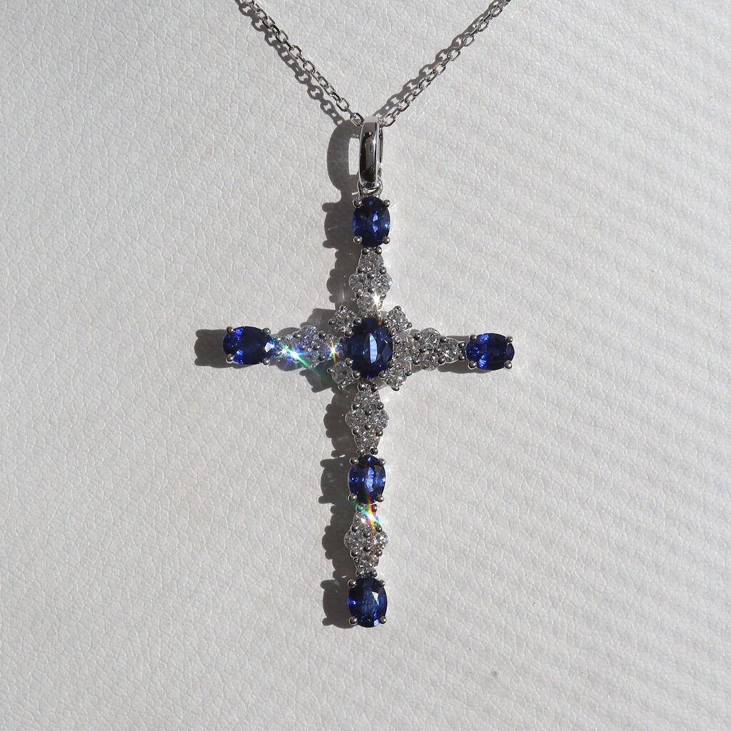 American Jewelry 14k White Gold 1.33ctw Sapphire .53ctw Diamond Cross Necklace