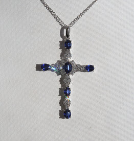 American Jewelry 14k White Gold 1.33ctw Sapphire .53ctw Diamond Cross Necklace